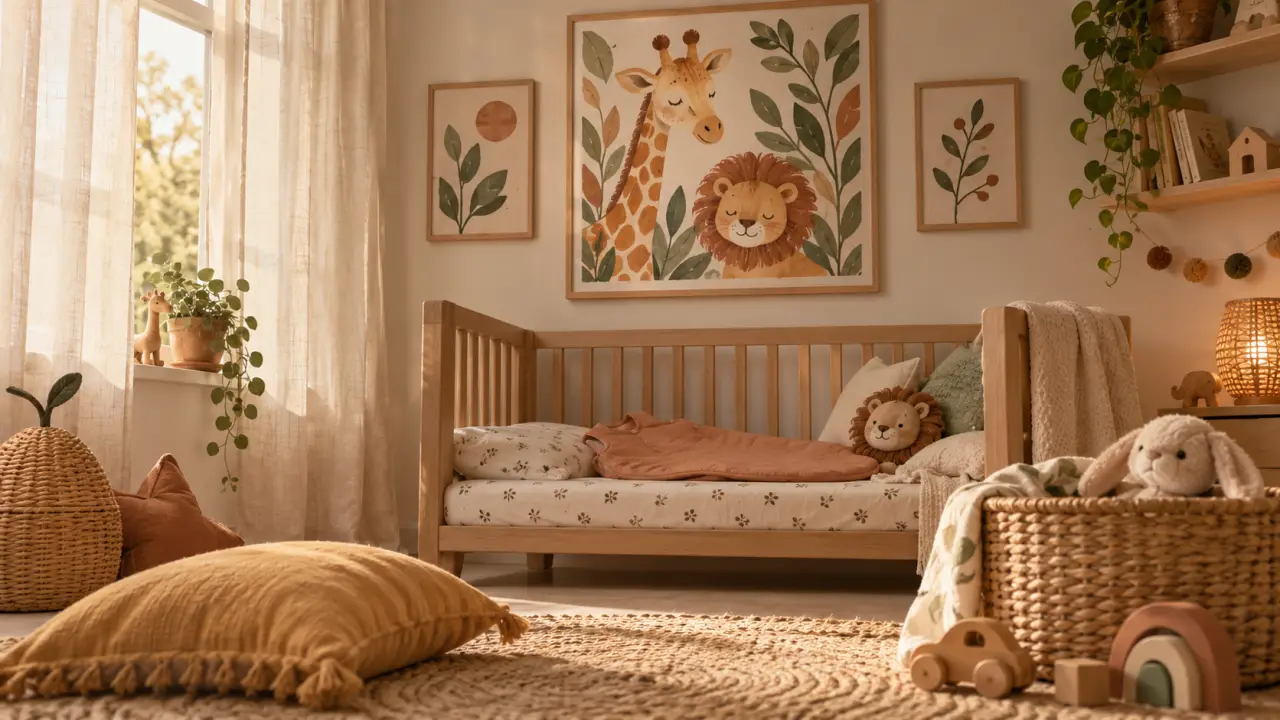 Deco chambre savane : girafe, lion et rideaux lin, ambiance douce