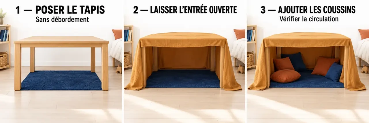 Étapes pour créer une cabane dans chambre sous une table stable