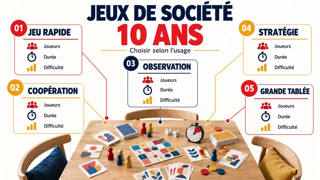 Infographie pour choisir des jeux de société 10 ans selon la durée, le nombre de joueurs et la mécanique