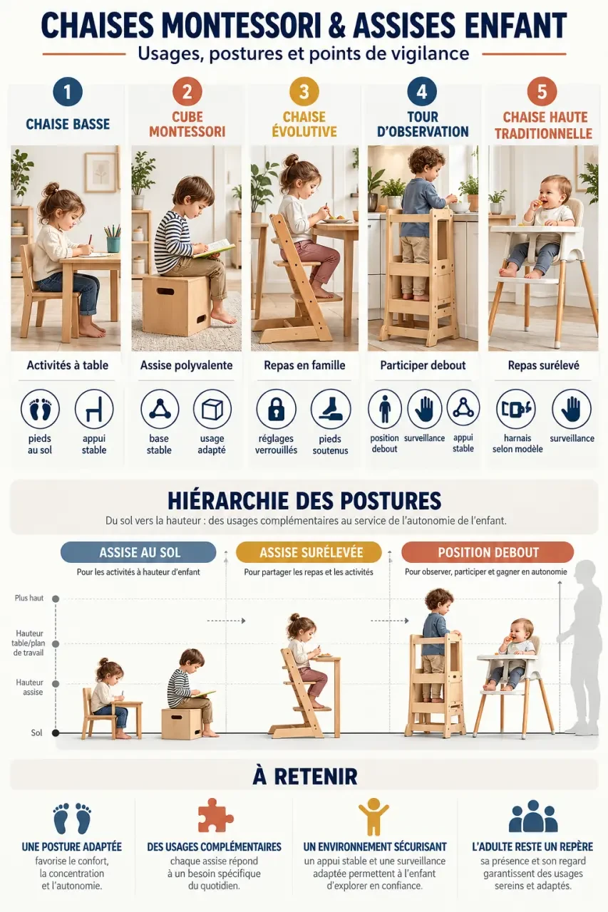 Infographie comparative des différents types de chaise Montessori et de leurs usages