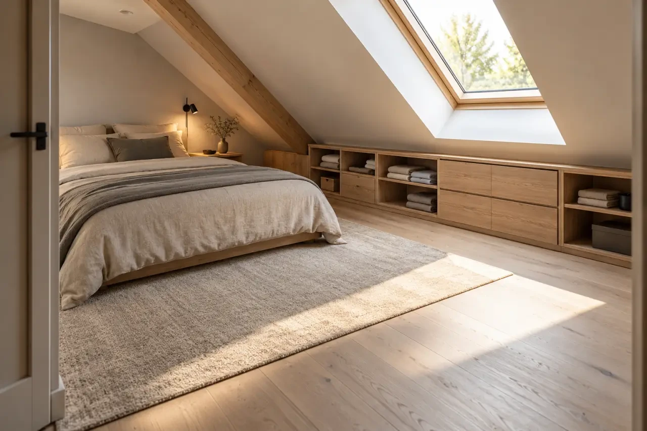 Aménager chambre sous pente avec lit bas et rangements adaptés à la hauteur