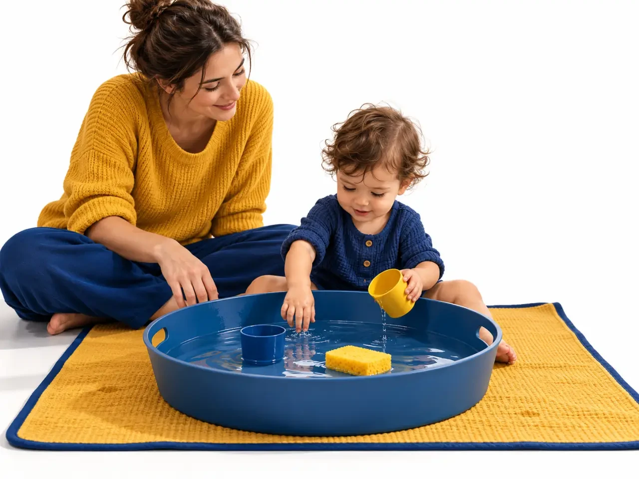 Activité pour les 18 mois avec jeux d’eau surveillés dans un récipient stable