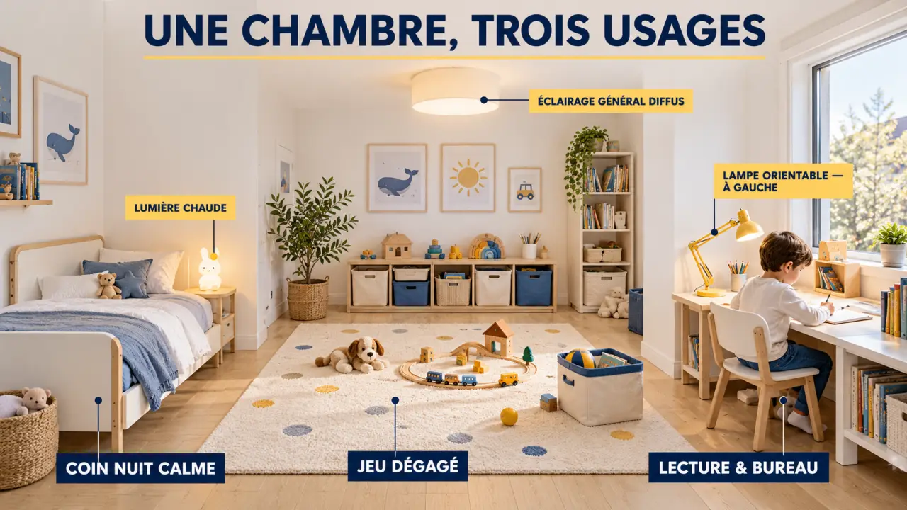 Décorer une chambre d’enfant en organisant les zones de sommeil, de jeu et de lecture avec un éclairage adapté
