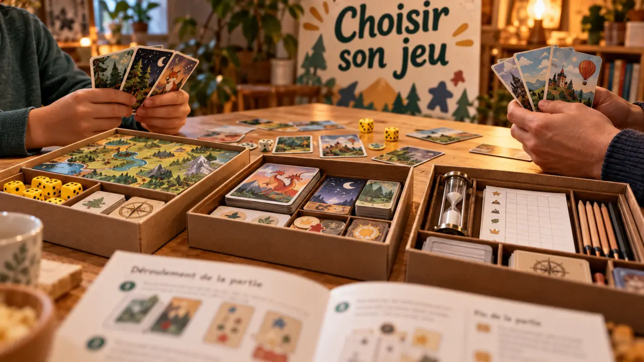 Jeux de société 10 ans : enfant et adulte, cartes de jeu et dés sur table