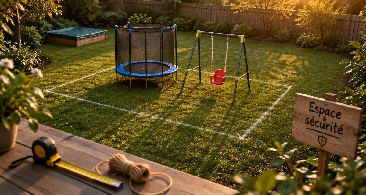 Jeux pour extérieur : espace et sécurité, tracé au sol autour d’un trampoline