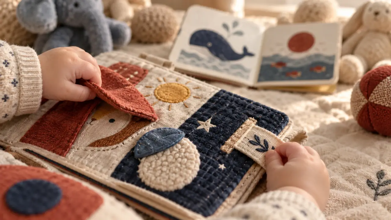 Livre sensoriel bebe en tissu et carton sur tapis d’éveil