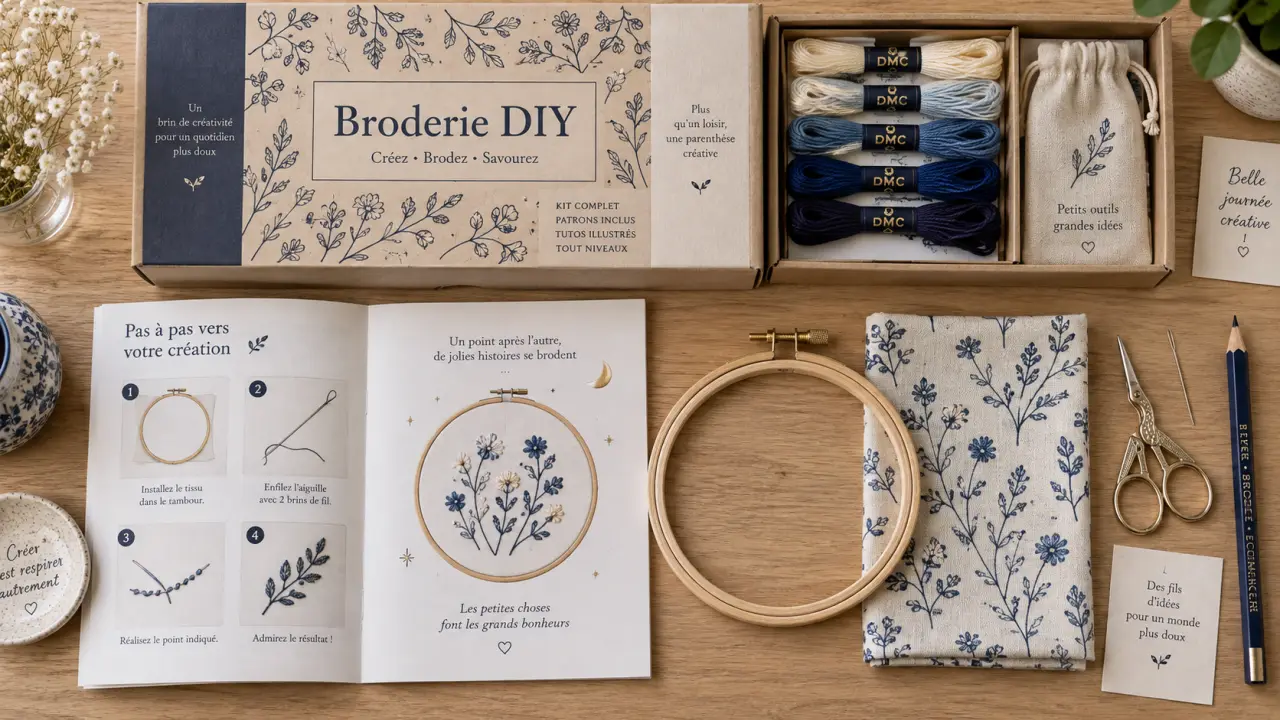 Loisirs créatifs kit de broderie DIY : matériel complet sur table